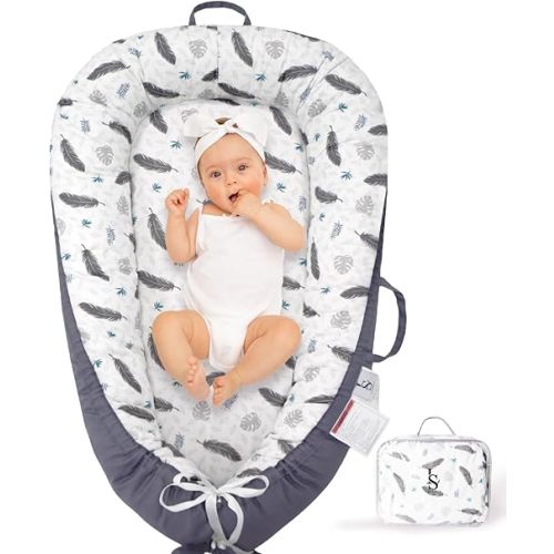Baby Lounger for Newborn 0-24 Months – Breathable & Soft Baby Nest Cotton Cover – Reversible, Lightweight & Portable Infant Lounger for Girl & Boy - Baby Essentials for Home & Travel