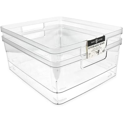 Isaac Jacobs 2-Pack Large Clear Storage Bins (11.5” L x 14” W x 5.5” H) w/Cutout Handles, Plastic Organizer for Home, Office, Kitchen, Fridge/Freezer, Bathroom, BPA Free, Food Safe (Large)