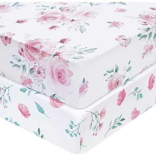 David's Kids 100% Cotton Fitted Crib Sheets, 2 Pack Ultra Soft Breathable Comfortable Baby Sheet Set for Girls, 28x52 Inch Fits Standard Crib and Toddler Mattresses, Floral Flowers