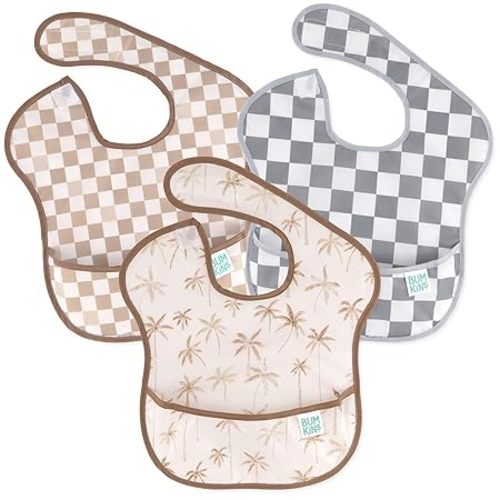 Bumkins Bibs for Girl or Boy, SuperBib Baby and Toddler for 6-24 Months, Essential Must Have for Eating, Feeding, Baby Led Weaning Supplies, Mess Saving Catch Food, 3-pk Palms and Checks - 3-Pack - A4 Palm Trees & Checks-3pk