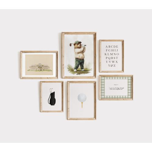 Vintage Golf teddy bear Nursery Bible verse Gallery Wall Art, Sports Playroom wall art, baby boy room decor, golf kids playroom decor