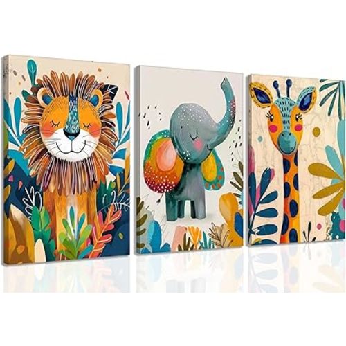 3Pcs Safari Animal Nursery Canvas Wall Art Cute Watercolor Elephant Giraffe Lion Pictures Wall Decor Colorful Jungle Animals Posters Painting Prints for Kids Room Baby Boys and Girls Room, Framed