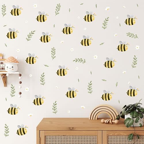 Cute Bee Wall Stickers Boho Bee Wall Decals Nursery Decal Peel and Stick Cute Animal Stickers Watercolor Bees Decals Green Leaf Cartoon Bumble Bees Wall Stickers for Kids Room Nursery Decor