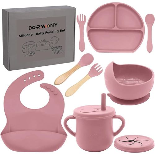100% Silicone Baby Feeding Set,BPA Free Baby Dishes Set with Suction Bowl Divided Plate,Toddler Self Feeding Dish Set with Spoons Forks Sippy Cup and Bib, Baby Eating Utensils (Coral)