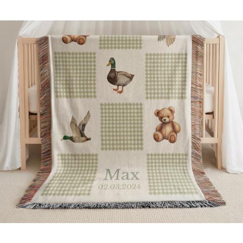 Personalized Baby Boy Blanket Green Gingham Nursery Decor Baby Name Blanket Vintage Baby Shower Gift Custom Woven Keepsake Blanket