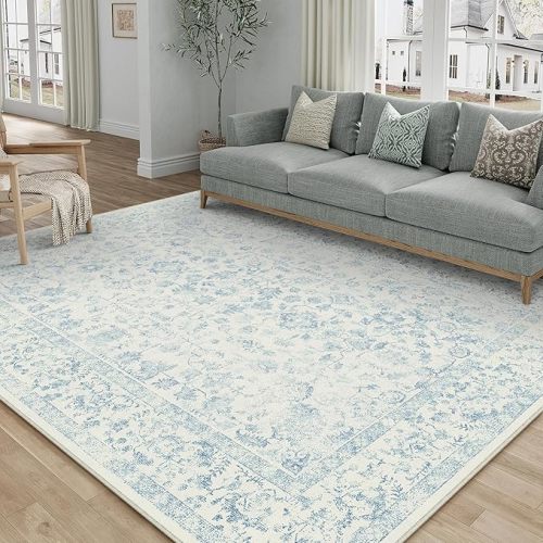 6x9 Blue Area Rug Non Slip Vintage Living Room Distressed Machine Washable Carpet Traditional Indoor Bedroom Blue Retro Floral Accent Throw Rug for Office Kitchen Dorm Dining Room
