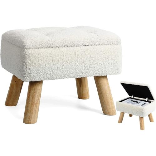 Storage Ottoman, Small Foot Stool Ottoman with Storage, Boucle Teddy Velvet Foot Rest with Padded Seat, Sturdy Wood Legs Stool for Living Room, Bedroom, Couch, Enterway (Cream)