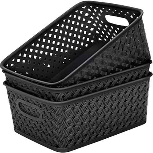 MaxGear 3 Pack Plastic Storage Baskets, Black, Medium (10 x 7.5 x 4 inches, 20 oz Capacity)