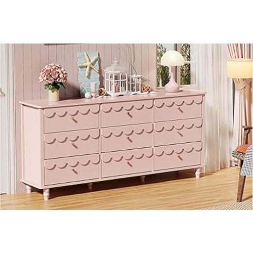 Anbuy Scalloped Organizer Storage with Drawers, Pink 9 Drawer Dresser for Bedroom, Modern Wide Long Chest of Drawers, Fluted Petal Pattern Large Storage Cabinet for Bedroom, Living Room, Porch