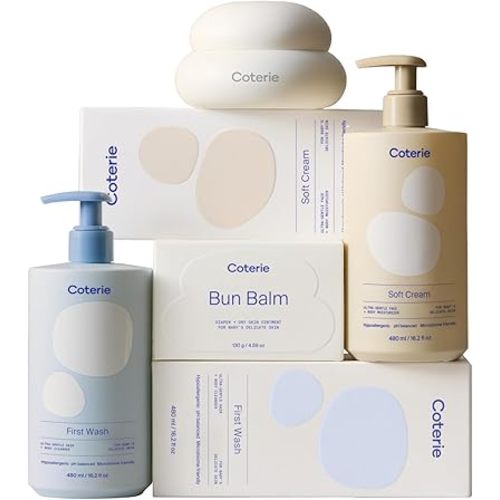 Coterie The Skin Essentials Baby Gift Set | 16.2 oz Shampoo + Body Wash, 16.2 oz Face + Body Lotion, 4.7oz Diaper + Dry Skin Balm | Fragrance Free, Safe for Sensitive Skin, Hypoallergenic, Eczema Safe