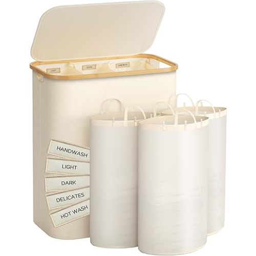 3-Section Laundry Hamper with Lid, 160 L Extra Large Laundry Baskets with Bamboo Handles and Removable Laundry Bags, Beige