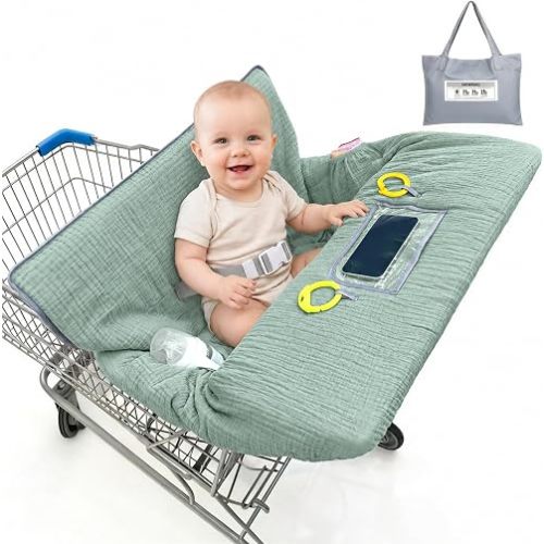 BeBeJoJo Muslin Shopping Cart Cover for Baby Soft & Breathable High Chair Covers for Restaurant Seat Grocery Cart Cover with Storage Pocket Machine Washable for Infant Toddler Boy Girl, Sage Green