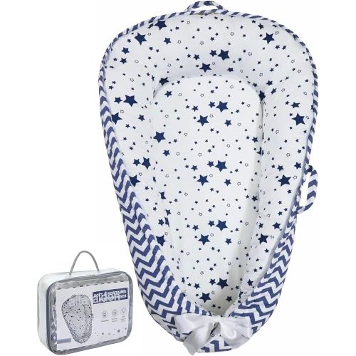 Baby Lounger | Organic Cotton Infant Lounger| Reversible, Adjustable & Portable Floor Lounger |Supervised Use | Soft, Breathable, Washable Cover - Star Collection (Blue)