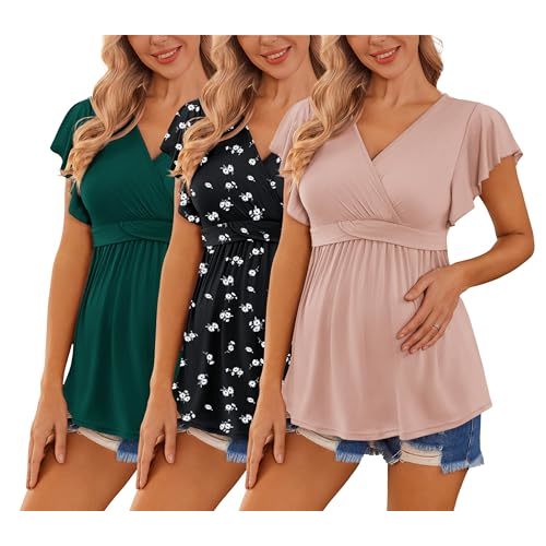 Ekouaer Maternity Shirts 3 Packs Flying Short Sleeve Nursing Tops Pregnancy Clothes