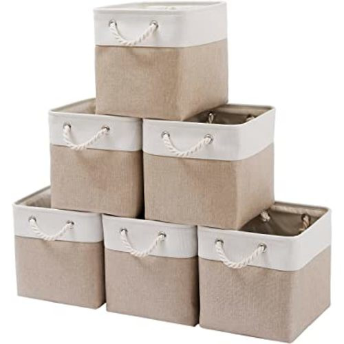 11 x 11 Inch Cube Storage Bins, 6 Pack Large Collapsible Fabric Storage Bin with Ropes, Foldable Storage Cubes for Home, Office,Closet, Clothes, Toys Organizer (White & Beige-11"x11"x11")