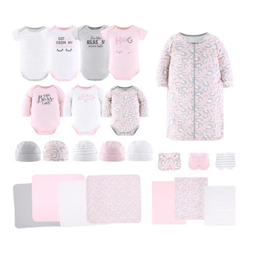 The Peanutshell Baby Layette Gift Set for Baby Girls - 23 Piece New Born Girl Gift Set, Clothes & Newborn Essentials Must Haves - Girl Clothes 0-3 Months - Pink & Grey