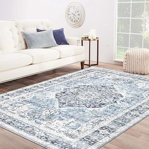 Area Rug 6×9, Large Vintage Boho Rug,Ultra-Soft Low Pile, Washable, Non Slip,Stain Resistant, Printed Carpet for Living Room Bedrooms Playroom Office Kitchen, Light Blue