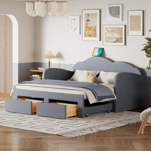 Gray Twin Size Velvet Upholstered Extendable Daybed with Cloud-Shaped Backrest, 2 Drawers and USB Ports