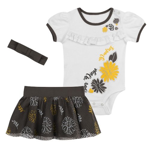 Newborn San Diego Padres White/Brown Sweet Catcher 3-Piece Bodysuit, Headband and Skirt Set