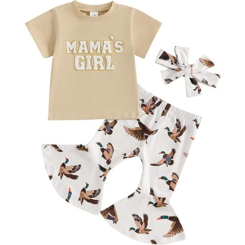 Toddler Baby Girl Hunting Clothes Mallard Duck Mama's Girl Letter T Shirt Bell Bottom Flare Pants 2Pcs Summer Outfits