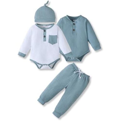 NZRVAWS Newborn Baby Boy Girl Clothes Stripe Romper Pants Hat Boys Outift 2-Pack Infant Clothing Set 4 Pieces 0-18M