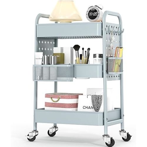 TOOLF Metal Rolling Storage Cart, 3-Tier Utility Mobile Cart with DIY Pegboards, Serving Trolley Cart with Baskets Hooks, for Kitchen, Bathroom, Office, Home, Classroom (Mint Green)