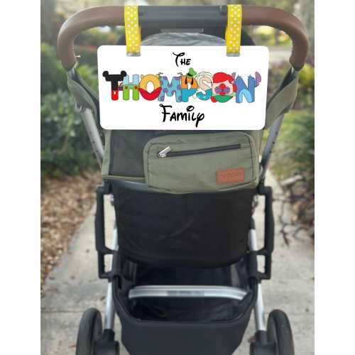 Personalized Family Name Stroller Sign, Amusement Park Sign for Strollers, Customizable Themed Tags for Baby Carrier - Personal stroller tag