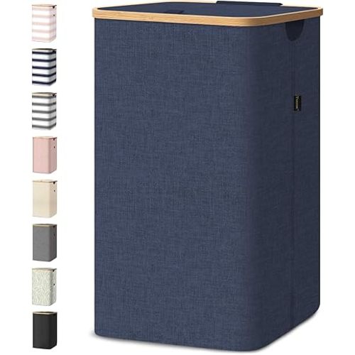 BALEINE Laundry Hamper with Lid, Tall Laundry Baskets with Bamboo Pull Handles, Large Laundry Bin with Internal Support (26 Gal/100L, Blue)