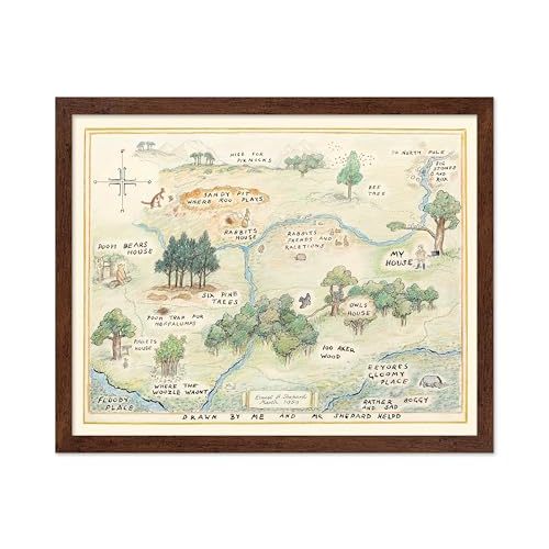 Poster Master Vintage Illustration Poster - Retro Landscape Print - Gift for Baby, Kid - 100 Acre Wood Map, Bear, Pig, Animal, Famous Cartoon - Wall Decor for Bedroom Nursery, 16x20 Brown Framed