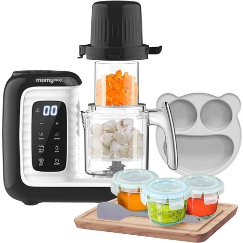 MOMYEASY Baby Food Maker, Multi Food Processor, Baby Food Steamer and Food Puree Blender in-One, Food Mills Machine with Glass Food Container and Dinner Plate, Auto Cooking & Grinding - Black