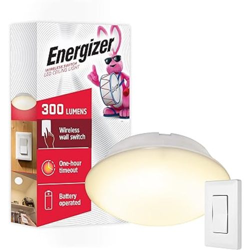Energizer LED Ceiling Fixture, Battery Operated, Wall Switch Remote, Wireless, 300 Lumens, Up to 50 ft Remote Control, Perfect for Laundry Room, Garage, Closets and More, 58823-T1