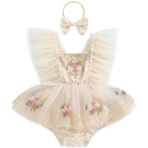 Newborn Baby Girls Rompers Flower Embroidery Mesh Tulle Dress with Headband Infant Summer Outfits