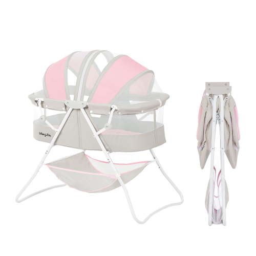 Dream On Me Karley Bassinet in Pink and Grey, Quick Fold and Easy to Carry, Large Storage Basket