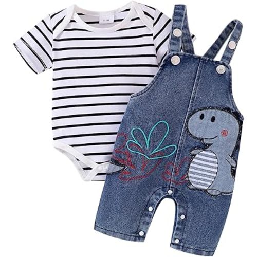 Baby Boy Clothes Newborn Striped Romper Summer Outfits + Infant Cartoon Animals Jeans Suspender Overalls 0-18 Months
