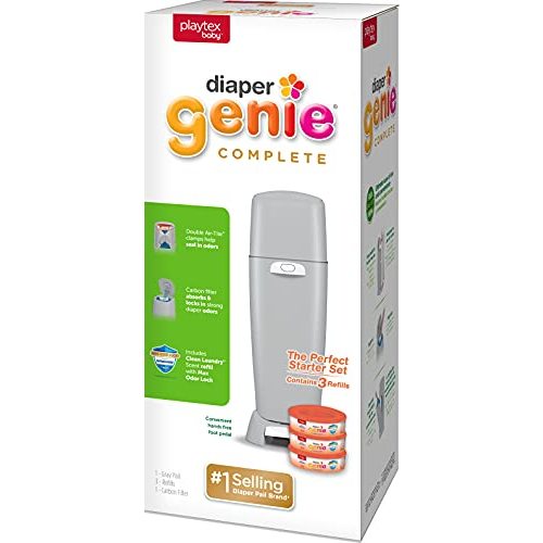 Playtex Diaper Genie Complete Pail with Built-in Odor Controlling Antimicrobial, Includes Pail and 3 Clean Laundry Scent Refills, Gray Pail