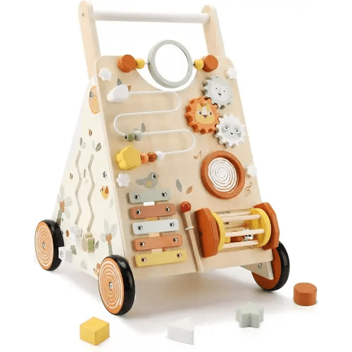 Wooden Baby Walker, Baby Push Walker with Activity Center for Girls Boys, Montessori Push Walker Toys for Babies Learning to Walk, Sit-to-Stand, for 10-12 Months 1 2 3 Years Old