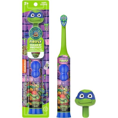 Firefly Clean N' Protect Teenage Mutant Ninja Turtles Power Toothbrush with 3D Character Cover, Soft Bristles, Battery Included, Ages 3+, 1+1