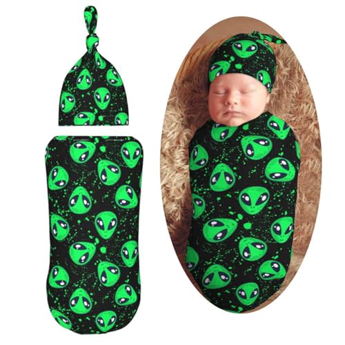 Muishi Green Alien Head Newborn Swaddle Blankets Hat Sets Soft Baby Receiving Blanket Swaddle Sack for Baby Shower Infant Boy Girl Gift