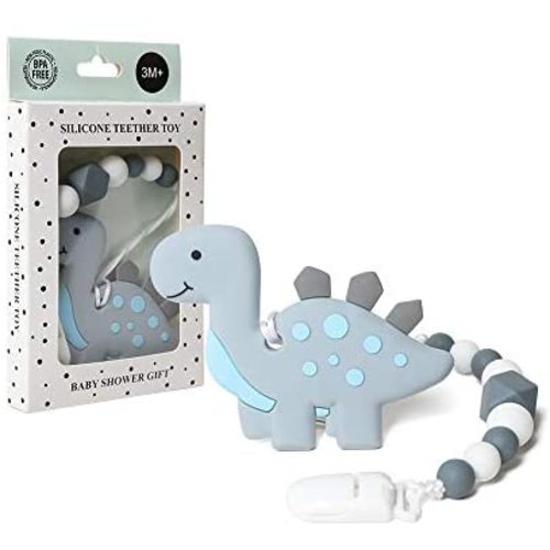 AmazingM Dinosaur Teething Pain Relief Toy with Pacifier Clip Holder Set for Newborn Babies,Food Grade BPA Free Silicone Teether,Freezer Safe,Neutral Baby Shower Gift for Boy and Girl