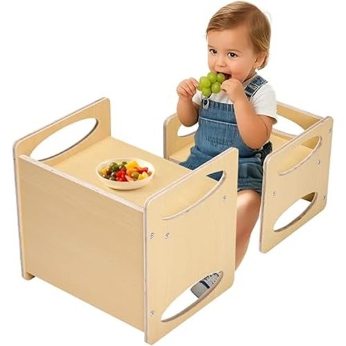 VEVOR Montessori Weaning Table and Chair Set, Wooden Toddler Table and Chair Set for Aged 1-5, Adjustable Height Kids Montessori Chair and Activity Table, Ideal for Reading, Eating, Playing - Natural