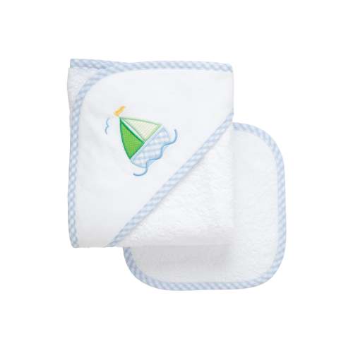 Sailboat Applique Hooded Towel & Washcloth Set, Blue