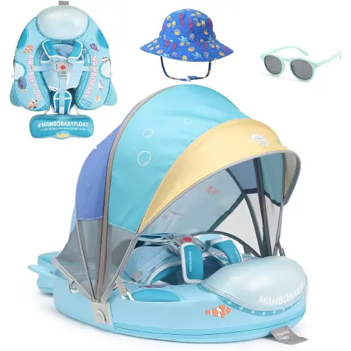 2024 Newest Mambobaby Float with Canopy Infant Pool Float Ring Non-Inflatable Toddler Swim Float with Skin-Friendly Material for 3-24 Months Baby Boys Girls Solid Infant Toddler Swim(Submarine Style)