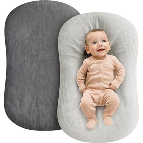 Muslin Baby Lounger Cover - 2 Pack Organic Cotton Baby Pillow Lounger Cover for Newborn - Soft and Breathable Infant Pillow Lounger Cover - Covers Only