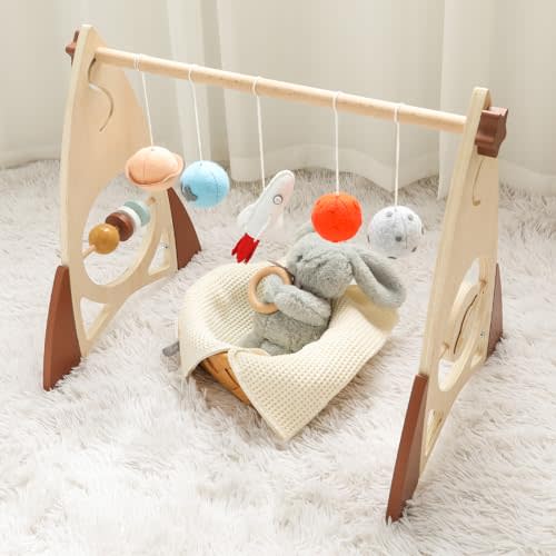 Wooden Rocket Baby Play Gym | Removable Wooden Play Stand baby Activity Gym | Baby Activity Gym for Baby Girls and Boys | Play Gym Toys Hanging with 5 Pieces Planet Theme Baby Felt Hanging Toys