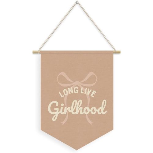 Girls Room Decor,Long Live Girlhood Linen Pennant Banner,Nursery Decor Coquette Pink Bow Wall Hanging Banner Flag，Toddler Girls Bedroom decor,Baby Girls Room Wall Art