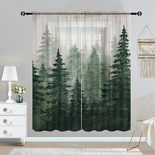 Forest Sheer Curtains - Fog Smokey Misty Forest Woodland Spruce Green Watercolor Drawing Rod Pocket Curtains for Kitchen, Bedroom, Living Room - Light Filtering - 55x63in