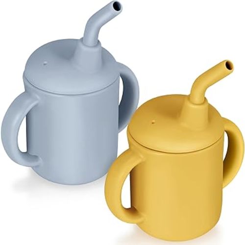 2 Pieces Toddler Cups Silicone Training Sippy Cups with Straw Lid and Non Slip Handles Spill Proof Trainer Cup Transition Cup for Baby Toddler Infant (Vivid Colors)