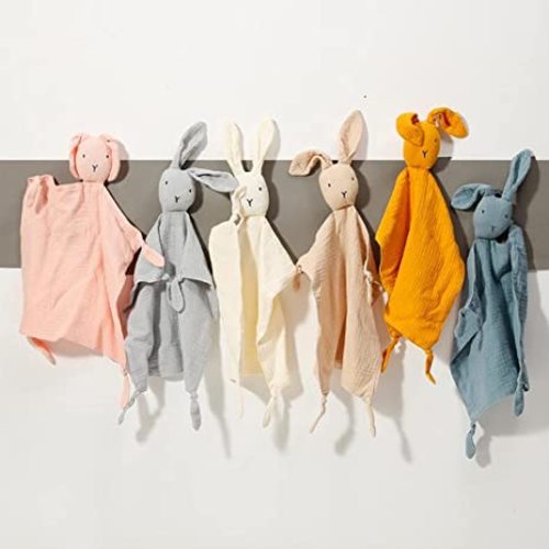 Organic Cotton Muslin Lovey Blanket, Organic Cotton Muslin Bunny Security Blanket Soft & Breathable Lovie Baby Gifts for Boys and Girls (Khaki)