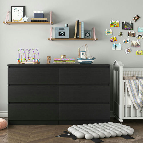 Kadyn Black Chest of Drawer, 6 Double Drawer Dresser for Bedroom, Modern Storage Cabinet for Living Room, Nursery Dresser