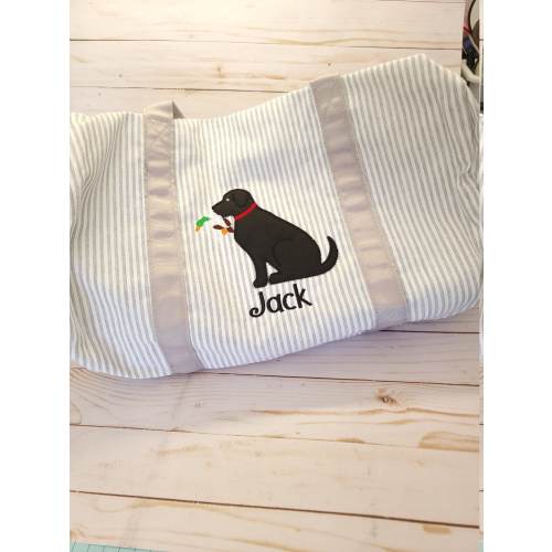Personalized Seersucker Duffel Bag: Black Lab Applique